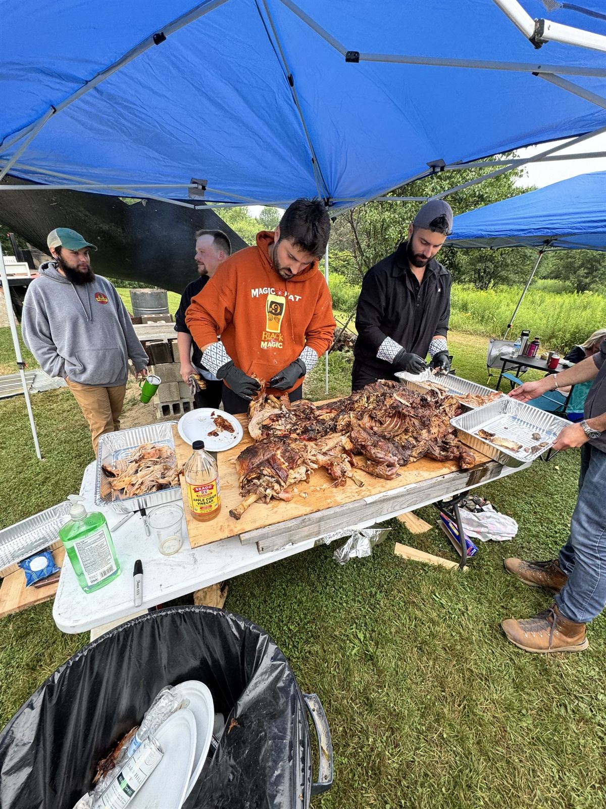 Pulling the hog apart on the table